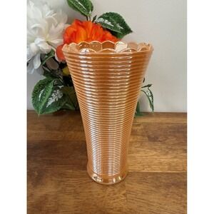 Vintage Peach Lustre Ribbed Vase –‎ Mid Century Scalloped Rim Collectible Glass